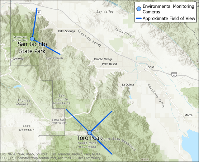 Dust Camera Map Map showing locations of dust monitoring cameras overlooking the Coachella Valley