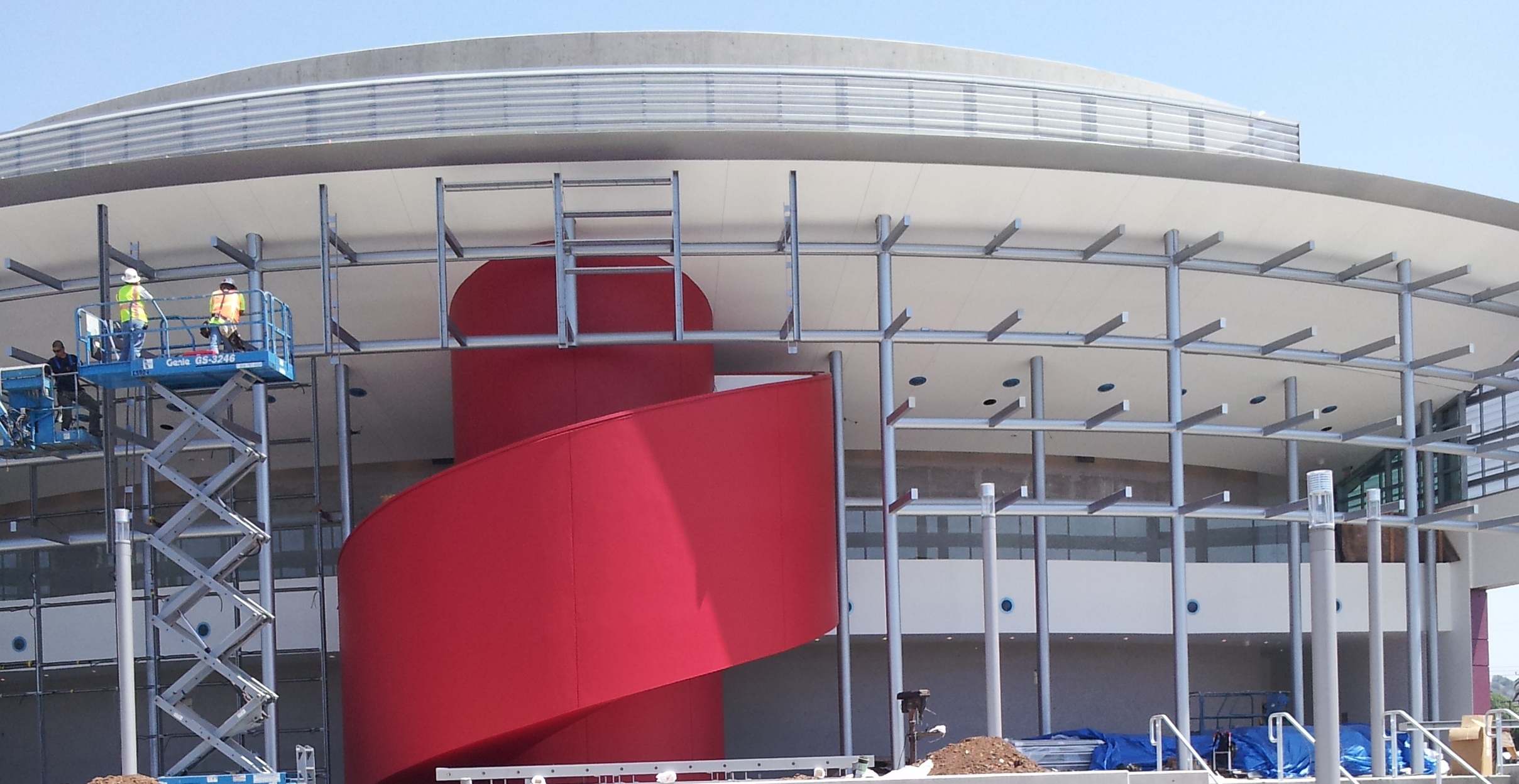 Painters at work on building exterior
