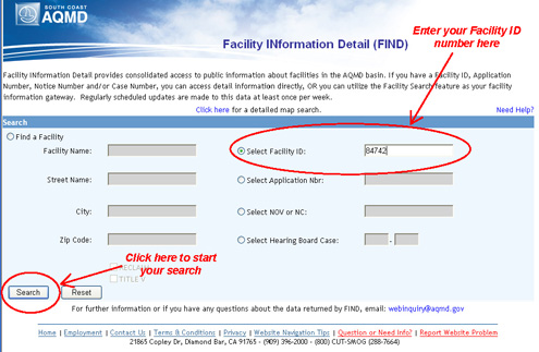 Instructions to Select Facility ID and Search