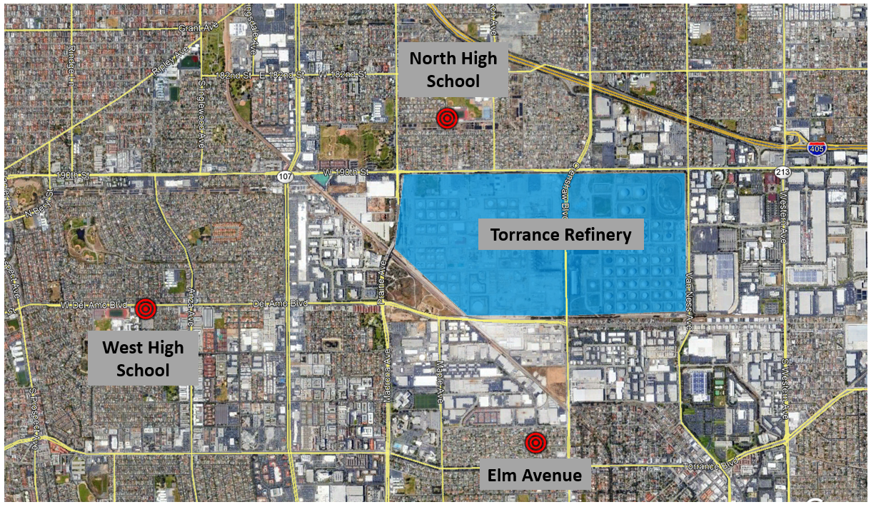 Figure 1. Map showing the locations of the “Torrance Air” community air monitoring stations Figure 1. Map showing the locations of the “Torrance Air” community air monitoring stations
