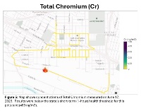Figure 5: Map shows concentrations of Total Chromium measured on June 17, 2026. Results were below the state's short-term (1-hour) health threshold for this pollutant (480 ng/m3).